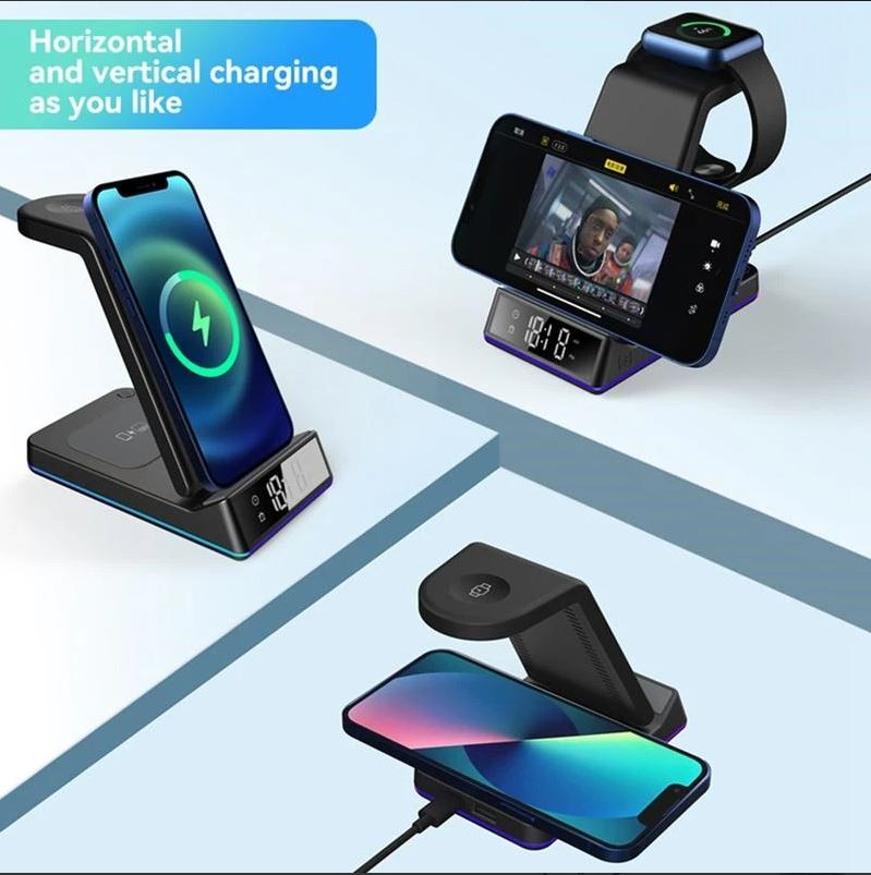 Z6 Foldable 5-in-1 15W Magnetic Wireless Charger with Flashy Atmosphere Light/Digital Clock Multi-Function Wireless Charging Stand