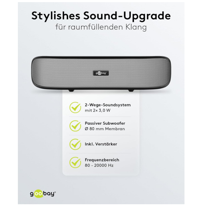 Goobay 95041 Enceinte stéréo 6 W pour TV, PC, Mac et ordinateur portable, barre de son USB 2 x 3 W, système audio avec amplificateur numérique et membrane de caisson de basses, noir