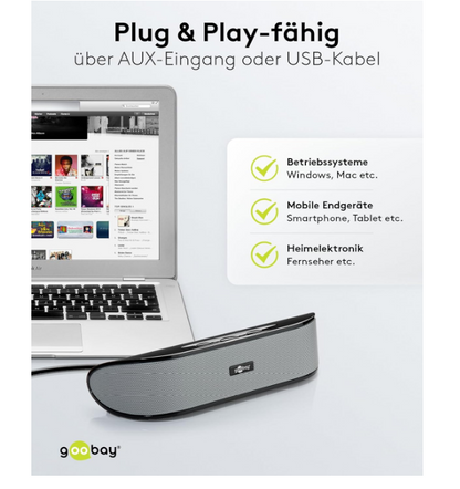 Goobay 95041 Enceinte stéréo 6 W pour TV, PC, Mac et ordinateur portable, barre de son USB 2 x 3 W, système audio avec amplificateur numérique et membrane de caisson de basses, noir