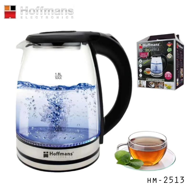 Hoffmans 2 Liter Glas Wasserkocher Teekocher 2000 Watt mit LED Beleuchtung HM-2513 Schwarz