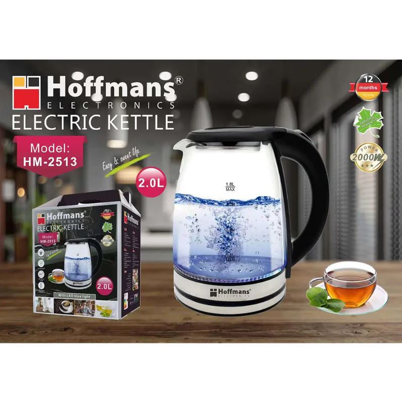 Hoffmans 2 Liter Glas Wasserkocher Teekocher 2000 Watt mit LED Beleuchtung HM-2513 Schwarz