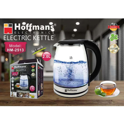 Hoffmans 2 Liter Glas Wasserkocher Teekocher 2000 Watt mit LED Beleuchtung HM-2513 Schwarz