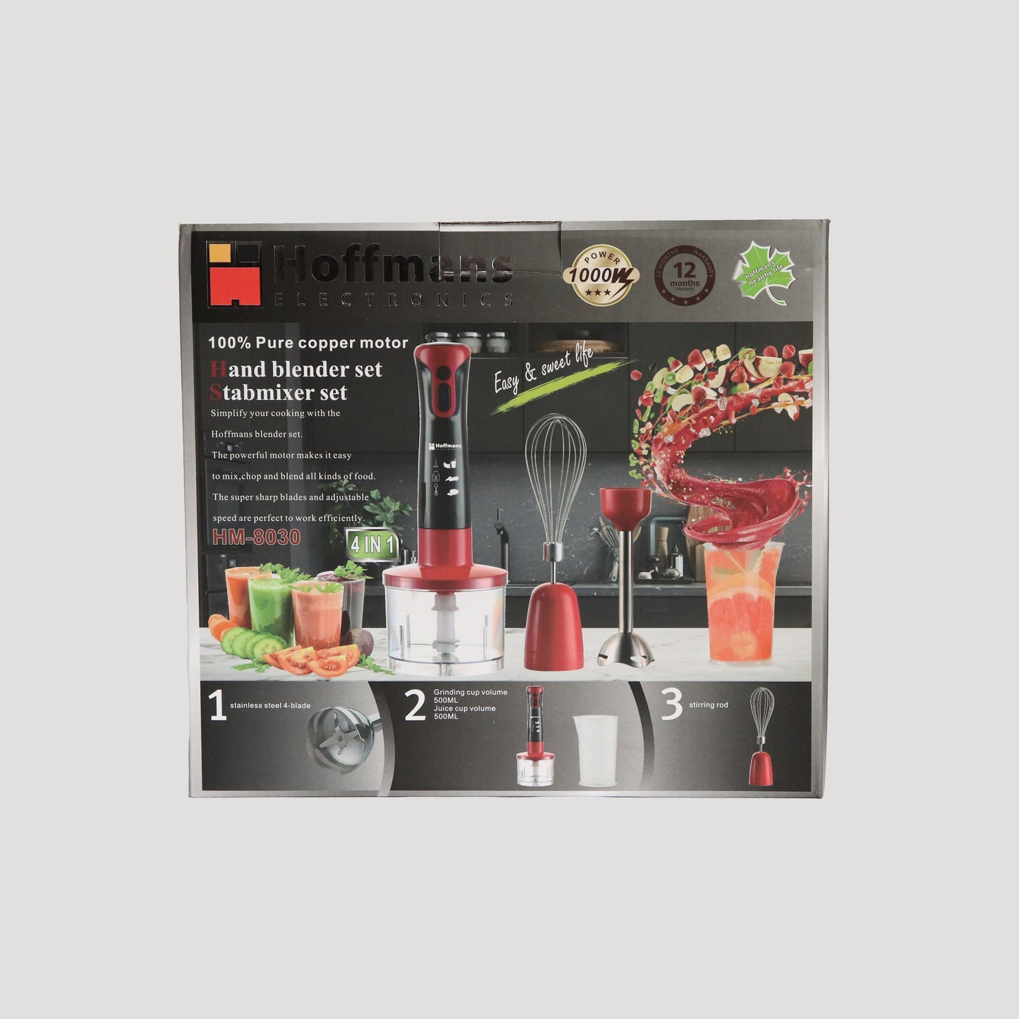 HOFFMANS 8030 4-in-1 Stabmixer Set Multifunktional Handmixer Pürierstab Schneebesenl Blender