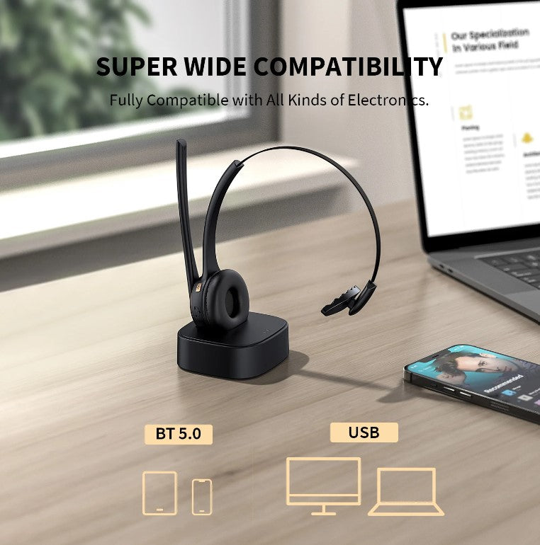 Jelly Comb BH-M9 Bluetooth-Headset, Headset mit Mikrofon, Bluetooth – geräuschunterdrückende kabellose Kopfhörer mit Ladestation, transparente Freisprecheinrichtung für Mobiltelefone/Skype/Callcenter/Büro