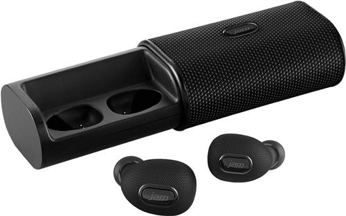 Jam Live True Wireless-Ohrhörer, 3 Stunden Spielzeit, zwei Mikrofone, Bluetooth und Siri, ultraleichtes Freisprechen, Tragetasche mit integriertem Ladegerät – Schwarz