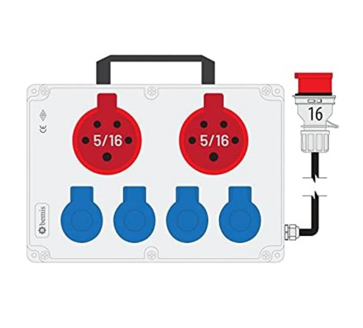 Bemis 5/32A 380V IP44 1 Stück 5/16A 380V IP44 1 Stück 1/16A 220V IP44 4 Stück Steckdose thermisch abgesicherter Wellpappenstab 5/32A Stecker POWERBOX