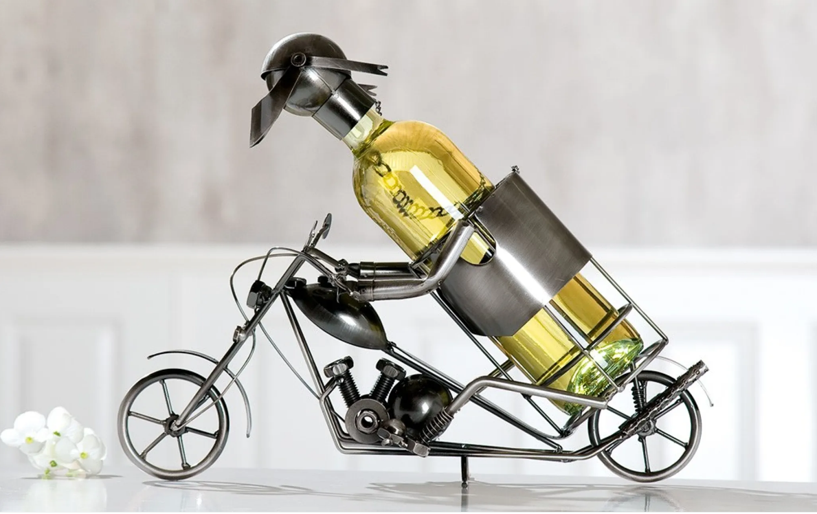 Gilde vernickelt Flaschenhalter Weinflaschenhalter Stahlfigur Motorradfahrer B 40 x H 21 cm