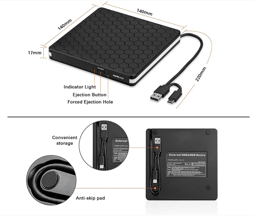 Externes DVD-Laufwerk, Amicool USB 3.0 Typ-C CD DVD +/-RW