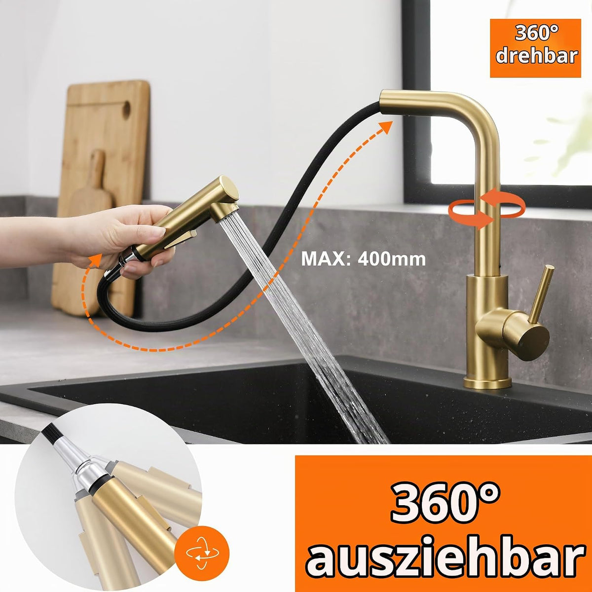 Tohlar Niederdruck Wasserhahn Küche Gold Küchenarmatur Ausziehbare Brause mit Magnetischer Brausehalterung