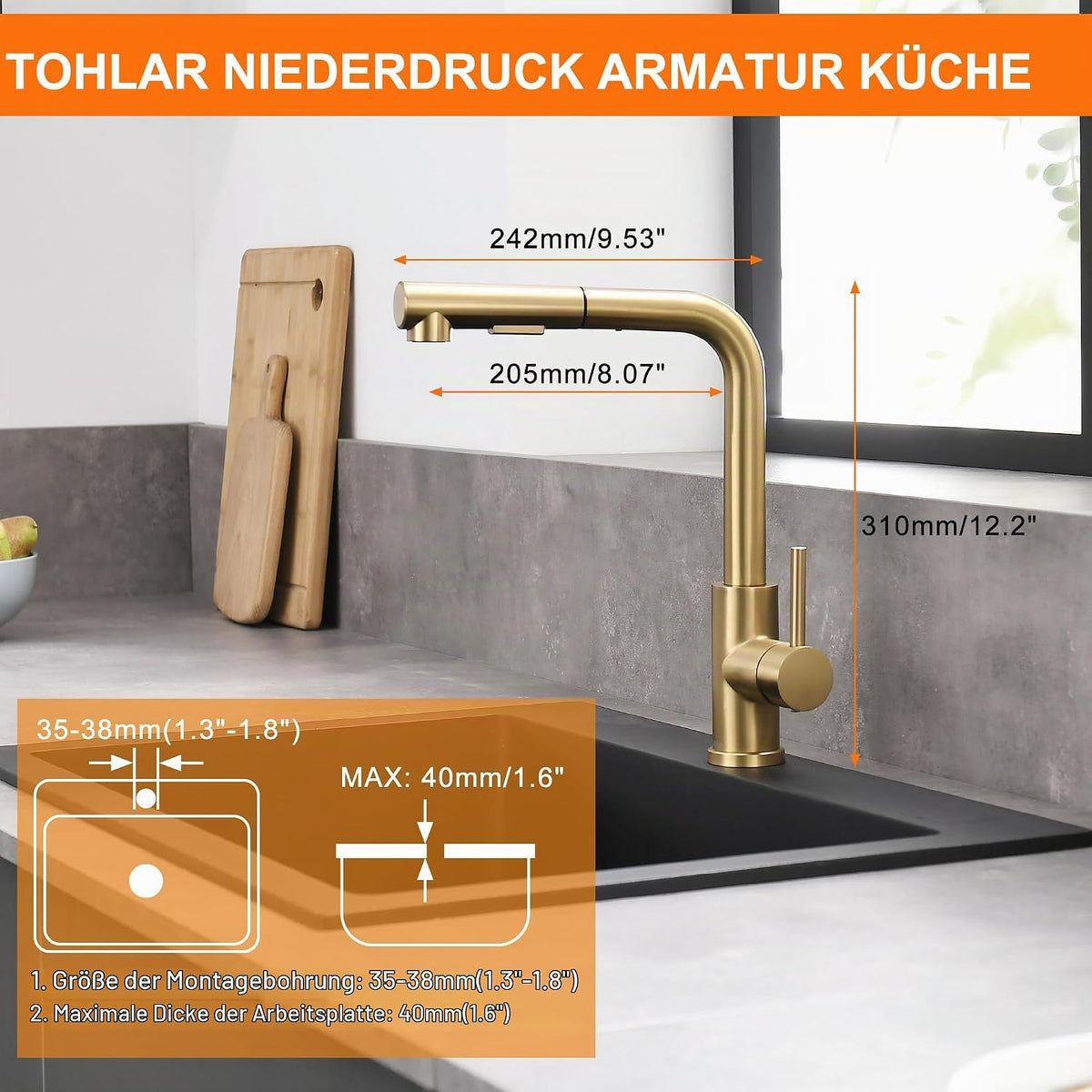 Tohlar Niederdruck Wasserhahn Küche Gold Küchenarmatur Ausziehbare Brause mit Magnetischer Brausehalterung