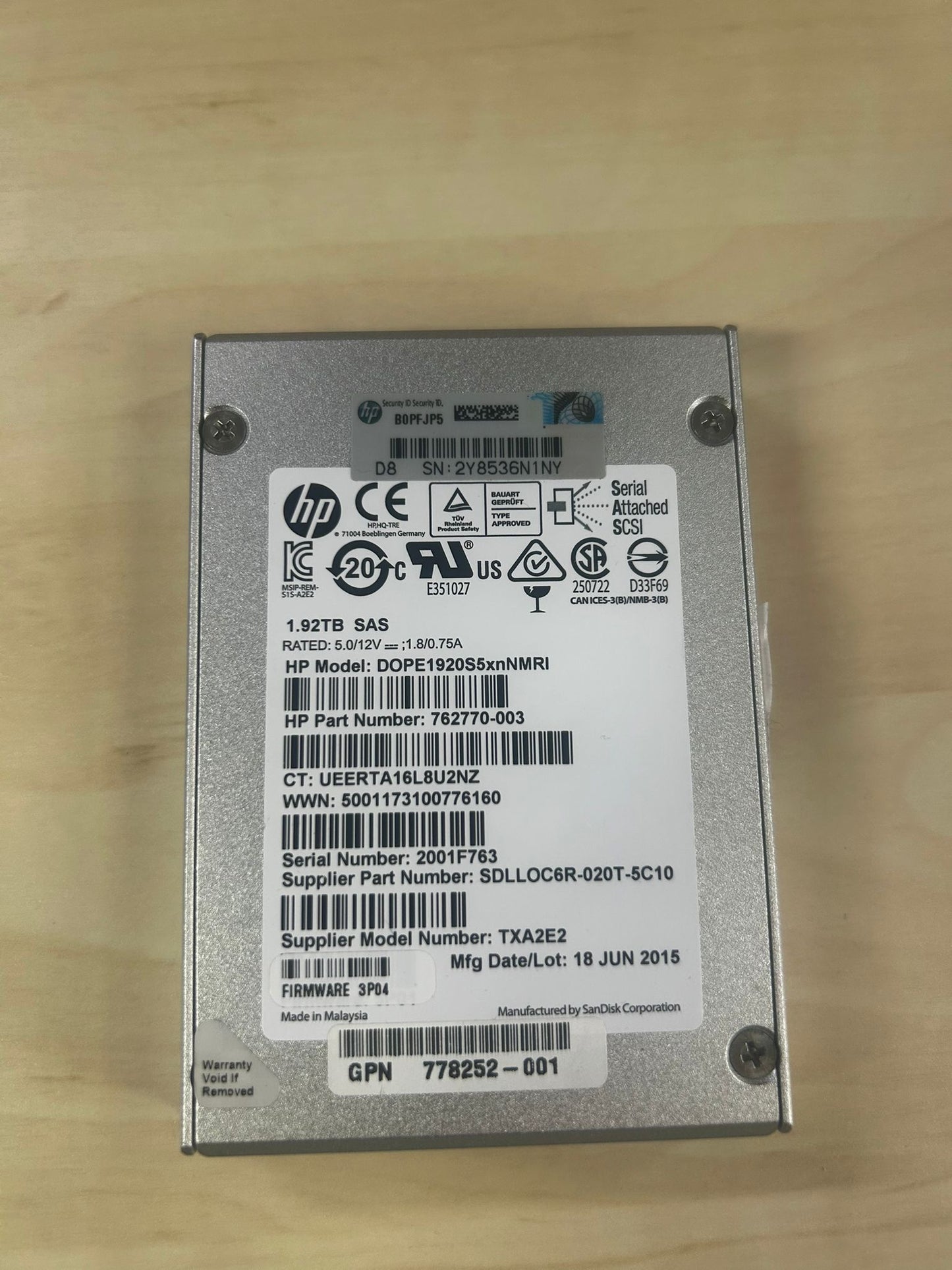 HP  762770-003 1.92TB SAS  DOPE1920S5xnNMRI HDD