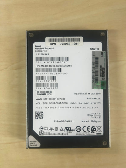 HP  850334-003 1.92TB SAS  DDYE1920S5xnNMRI HDD