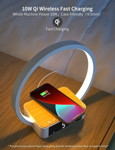Amouhom LED Nachttischlampe, 18W Touch Control Dimmbar  mit Wecker 10W Wireless Charger