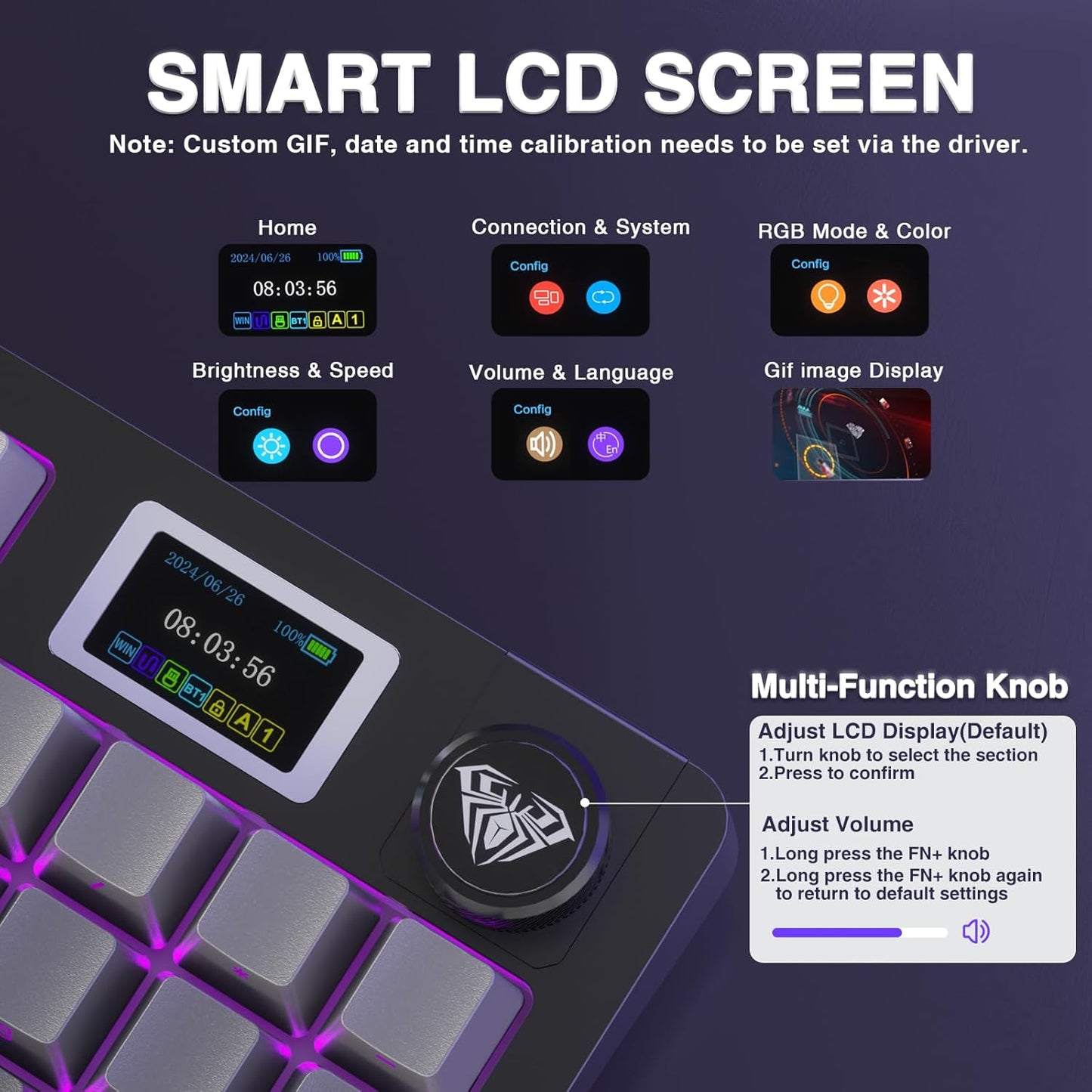 AULA S98 Pro Kabellose mechanische Tastatur mit Knopf und Sreen, Dichtung, Schwarz