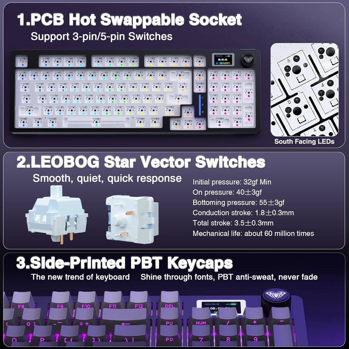 AULA S98 Pro Kabellose mechanische Tastatur mit Knopf und Sreen, Dichtung, Schwarz
