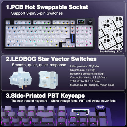 AULA S98 Pro Kabellose mechanische Tastatur mit Knopf und Sreen, Dichtung, Schwarz