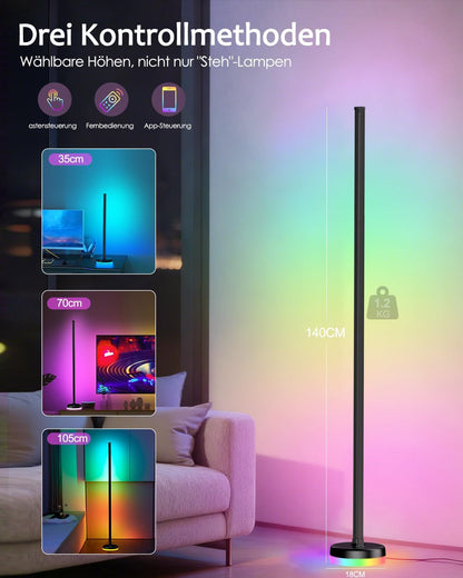 Amazefun LED Stehlampe Wohnzimmer Dimmbar RGBIC,140cm,mit Fernbedienung und APP, 16 Millionen Farben,