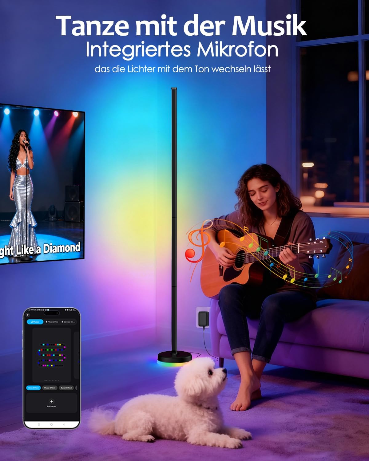 Amazefun LED Stehlampe Wohnzimmer Dimmbar RGBIC,140cm,mit Fernbedienung und APP, 16 Millionen Farben,