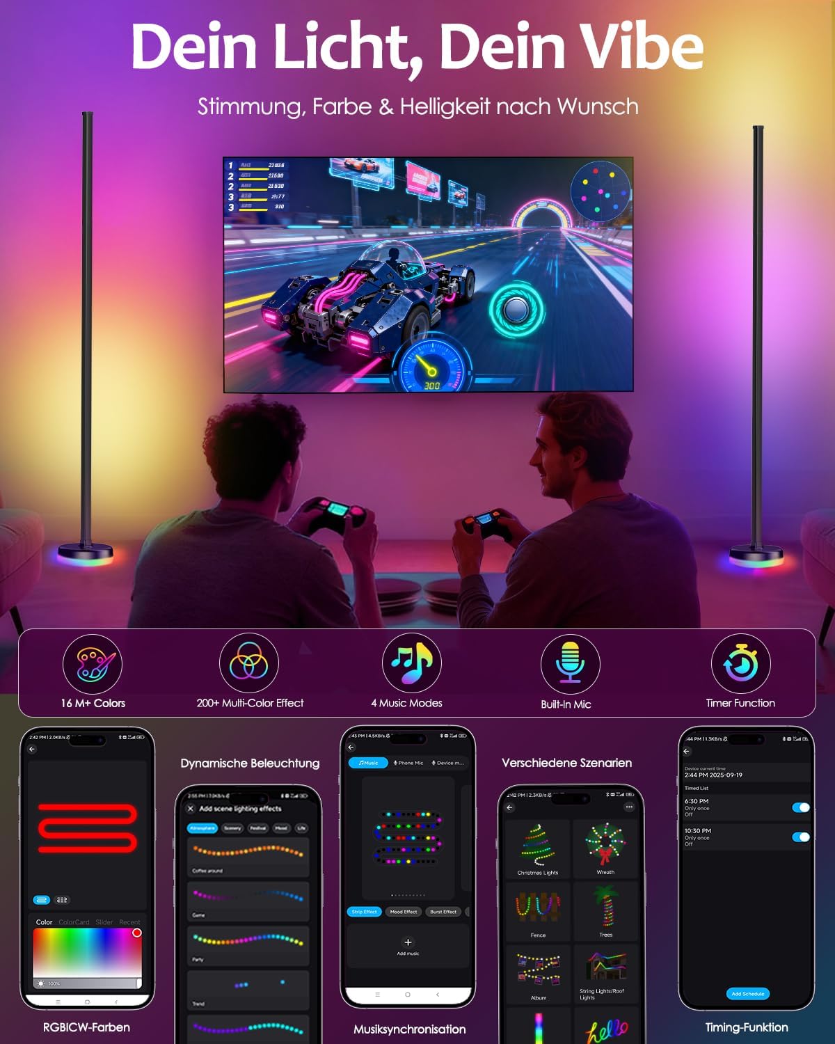 Amazefun LED Stehlampe Wohnzimmer Dimmbar RGBIC,140cm,mit Fernbedienung und APP, 16 Millionen Farben,