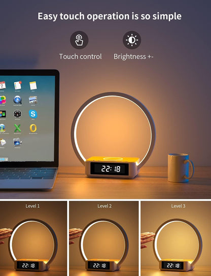 Amouhom LED Nachttischlampe, 18W Touch Control Dimmbar  mit Wecker 10W Wireless Charger