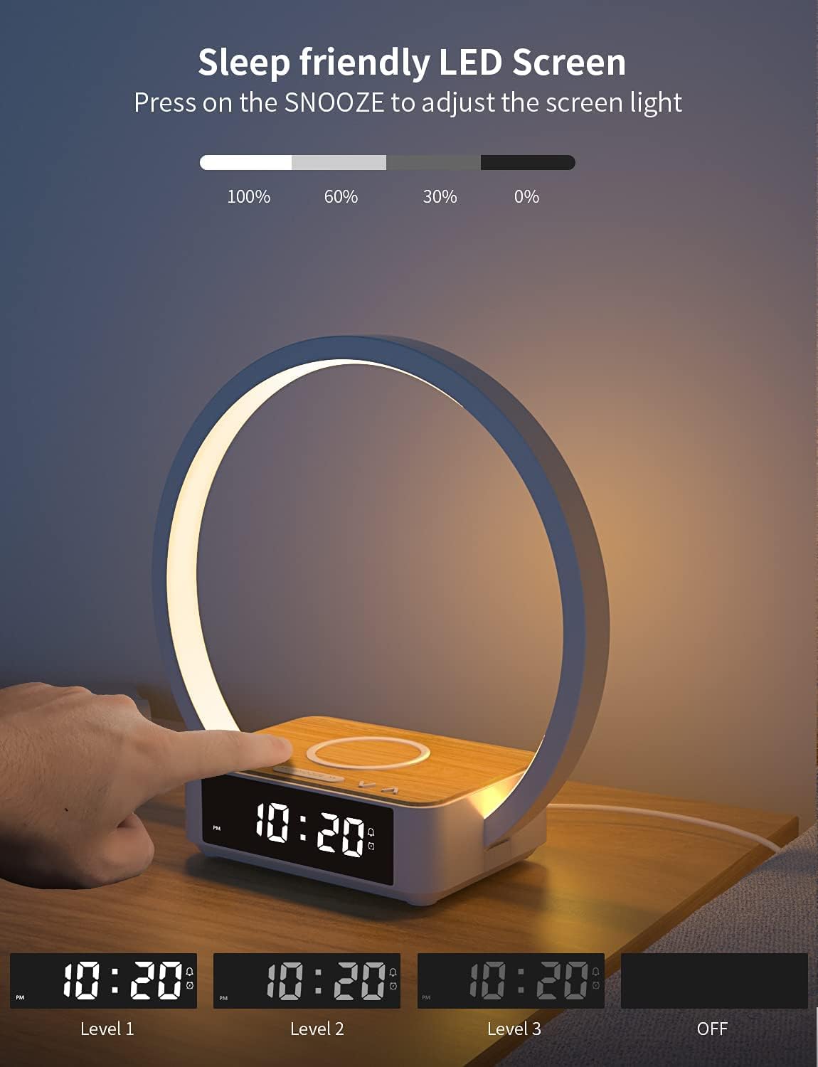 Amouhom LED Nachttischlampe, 18W Touch Control Dimmbar  mit Wecker 10W Wireless Charger