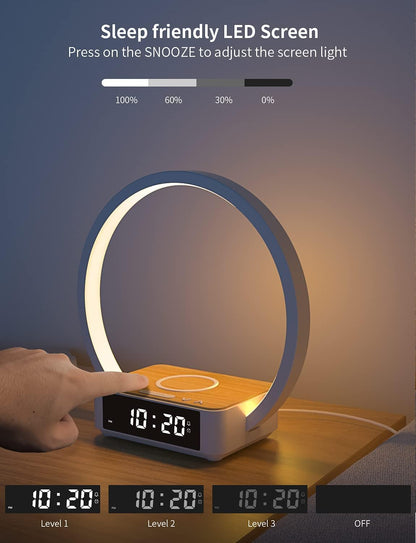 Amouhom LED Nachttischlampe, 18W Touch Control Dimmbar  mit Wecker 10W Wireless Charger