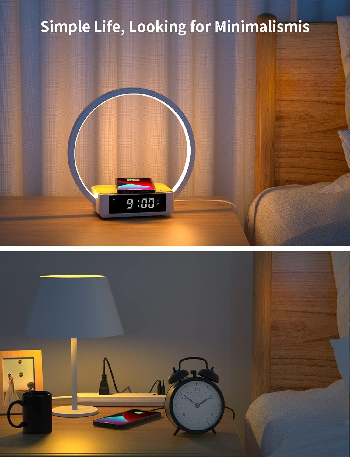 Amouhom LED Nachttischlampe, 18W Touch Control Dimmbar  mit Wecker 10W Wireless Charger