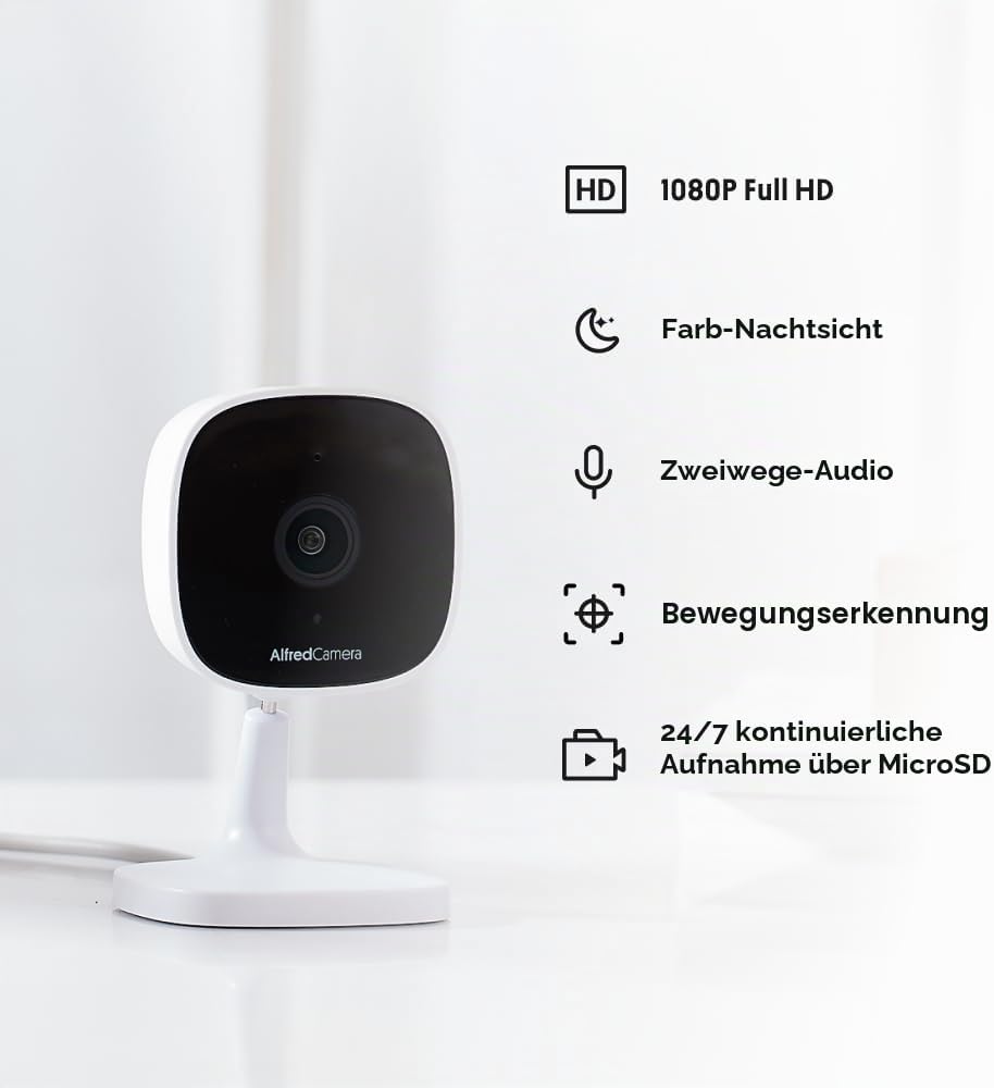 Alfred Überwachungskamera Innen WLAN, Daueraufzeichnung, Steckdose, App,Bewegungsmelder, Nachtsicht