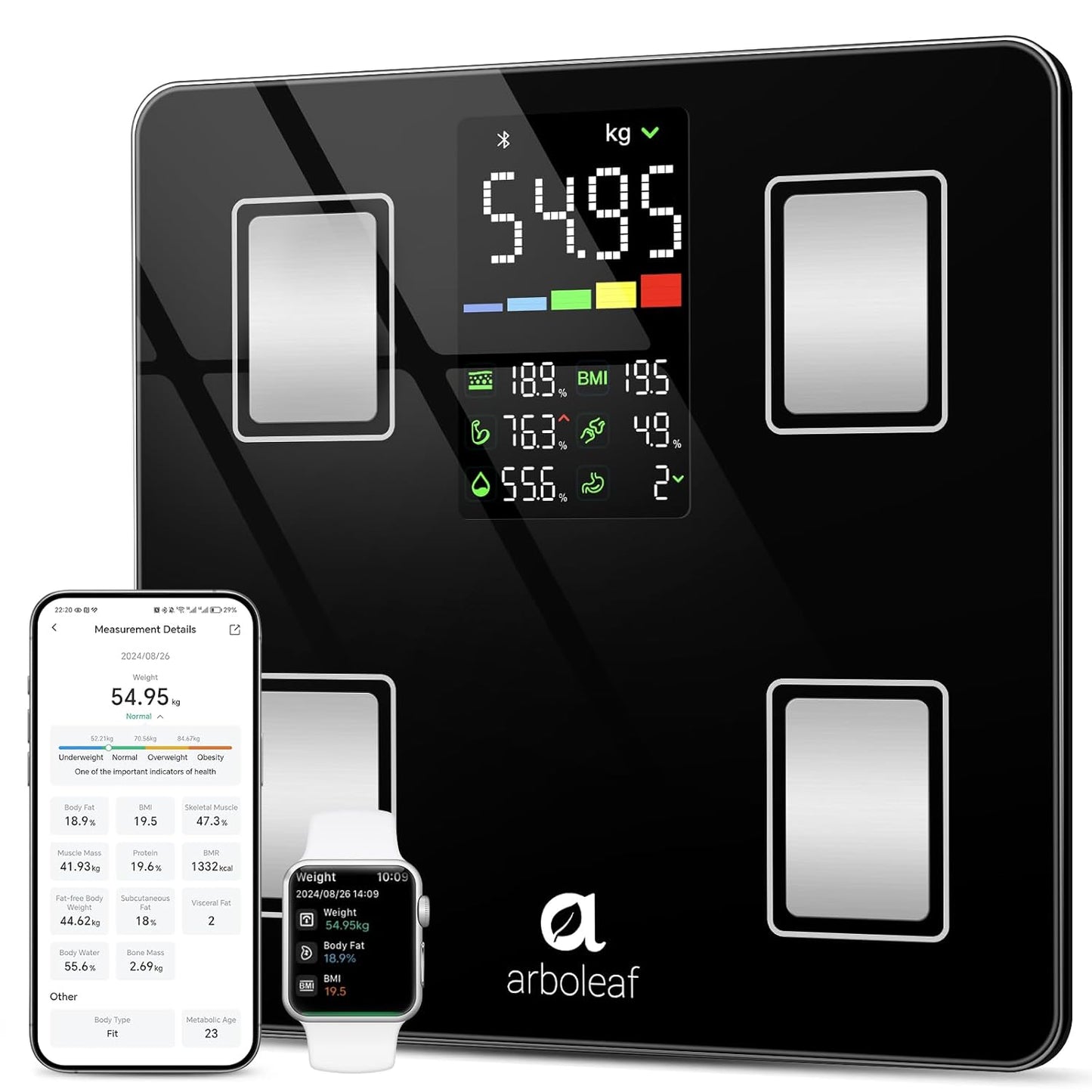 Arboleaf Personenwaage digital Körperfettwaage mit App Bluetooth bis 180kg/400lbs