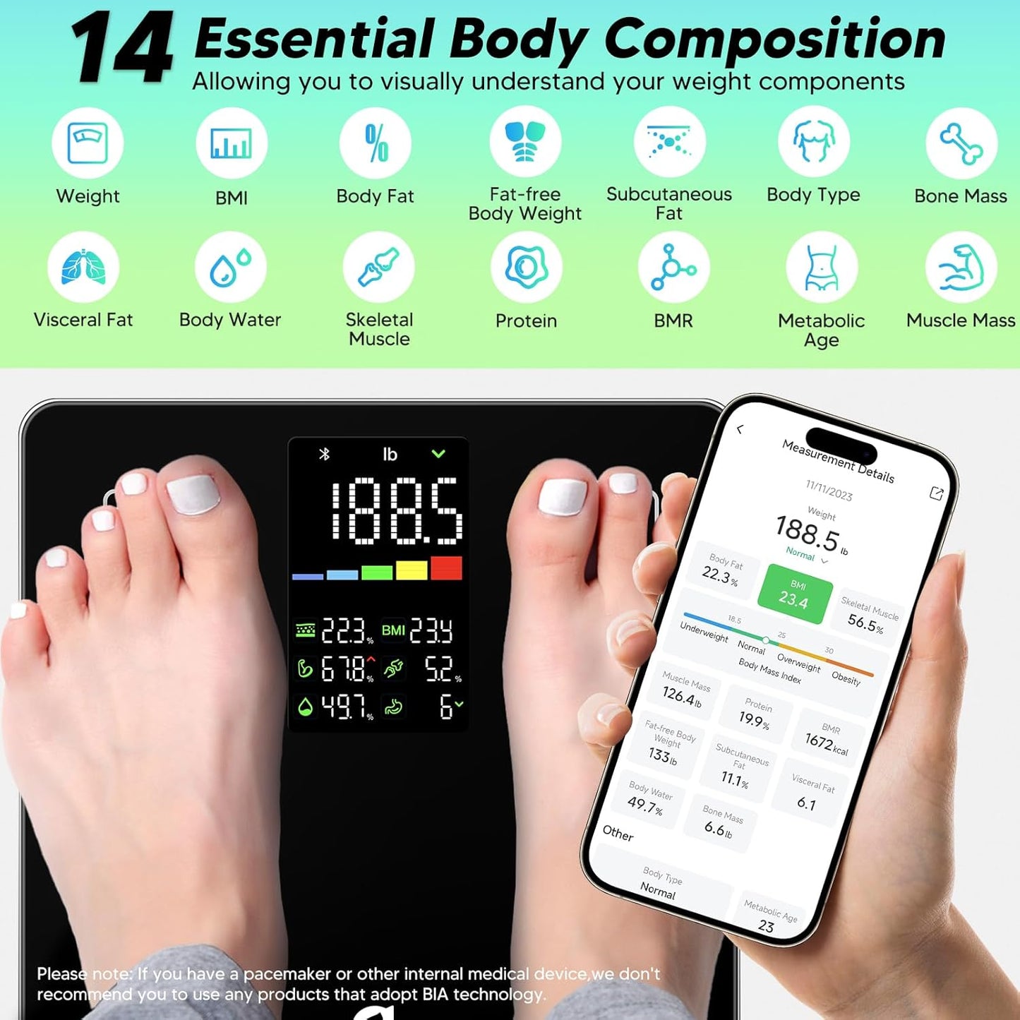 Arboleaf Personenwaage digital Körperfettwaage mit App Bluetooth bis 180kg/400lbs