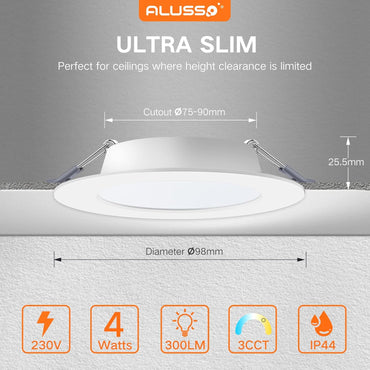 ALUSSO LED Einbaustrahler 230V Flach 4W Decken Spots Warmweiß Neutralweiß Kaltweiss Einstellbar IP44 Deckenspots Einbauleuchten Einbauspots Deckenstrahler für Badezimmer Küche Wohnzimmer, 6er Set [Energieklasse F]