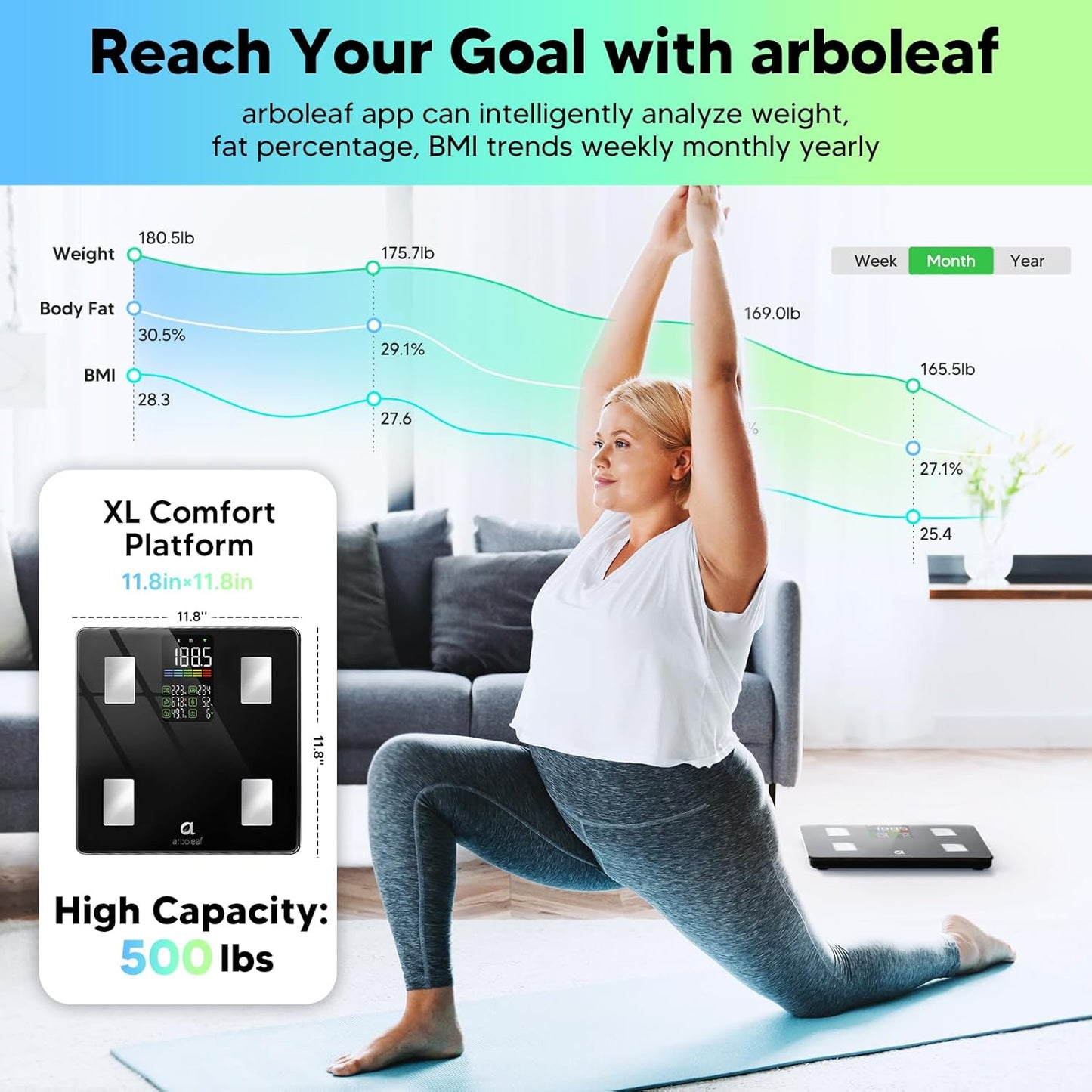 Arboleaf Personenwaage digital Körperfettwaage mit App Bluetooth bis 180kg/400lbs