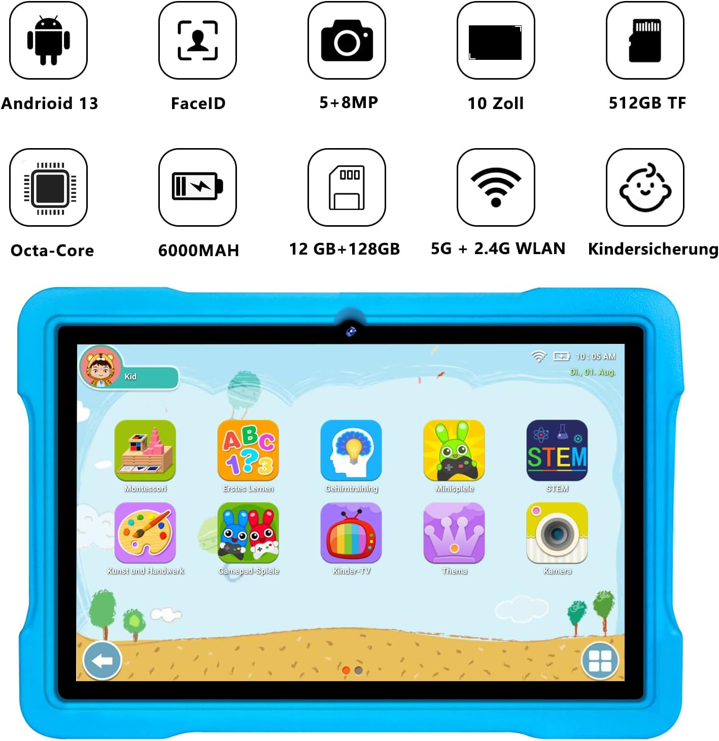 AOCWEI X700 Tablet 10 Zoll, Android 13 Tablet für Kinder,12GB RAM+128GB ROM, 512GB Blau
