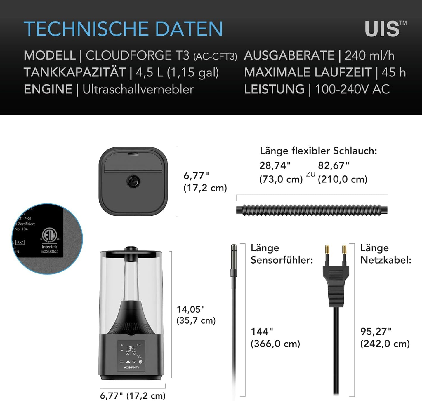 AC Infinity CLOUDFORGE T3  Pflanzen-Luftbefeuchter 4,5 L