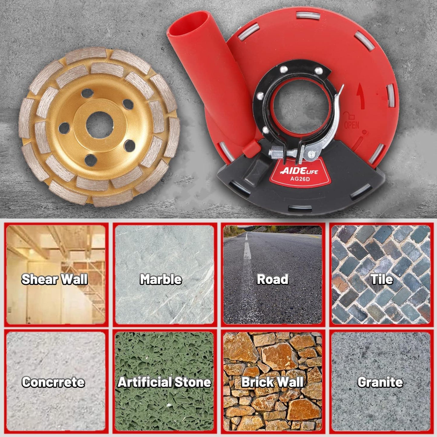 Aidelife Absaughaube für Winkelschleifer 115/125mm + Diamantschleiftopf 125mm x 22,2 mm für Beton