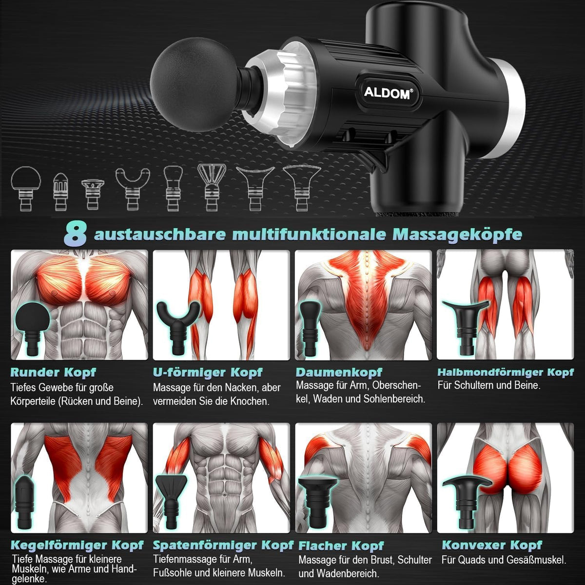 ALDOM Massagepistole mit 30 verstellbaren Stufen, 8 Massageköpfen und LCD-Display 4800 U/min,