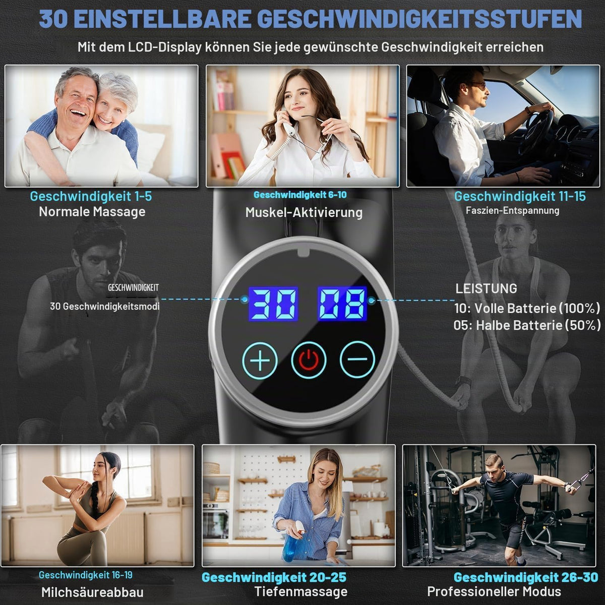 ALDOM Massagepistole mit 30 verstellbaren Stufen, 8 Massageköpfen und LCD-Display 4800 U/min,