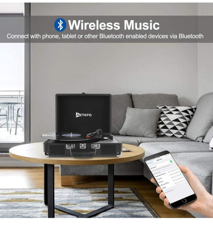 AETKFO   Vinyl-Plattenspieler, Tragbare Bluetooth-Plattenspieler 3 Geschwindigkeiten mit Lautsprechern, unterstützt die Aufnahme von Vinyl, RCA und USB-Ausgang/AUX-Eingang/Kopfhöreranschluss,