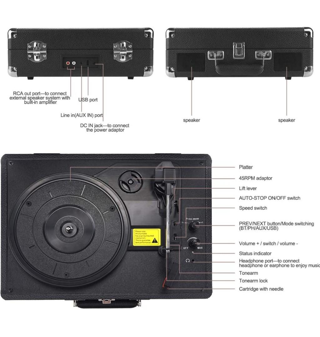 AETKFO   Vinyl-Plattenspieler, Tragbare Bluetooth-Plattenspieler 3 Geschwindigkeiten mit Lautsprechern, unterstützt die Aufnahme von Vinyl, RCA und USB-Ausgang/AUX-Eingang/Kopfhöreranschluss,