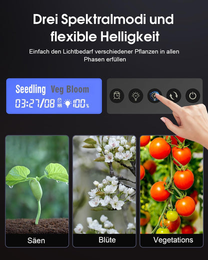 Angseen 200W Pflanzenlampe mit 0-23h Timer, 512 LEDs,Grow Lampe,Full Spectrum,Dimmable