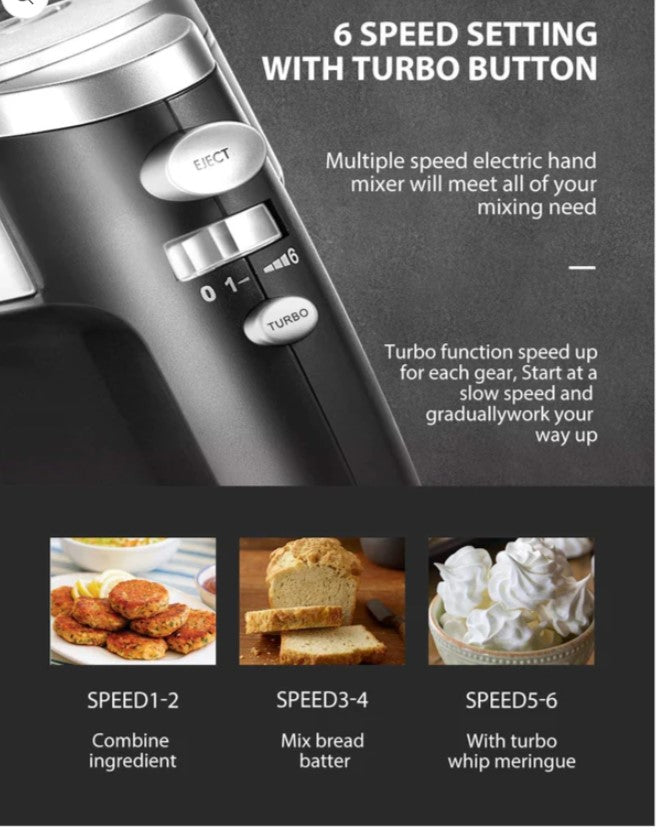 AICOK Elektrischer Handmixer, 6 Geschwindigkeiten, Ein-Knopf-Auswurfdesign