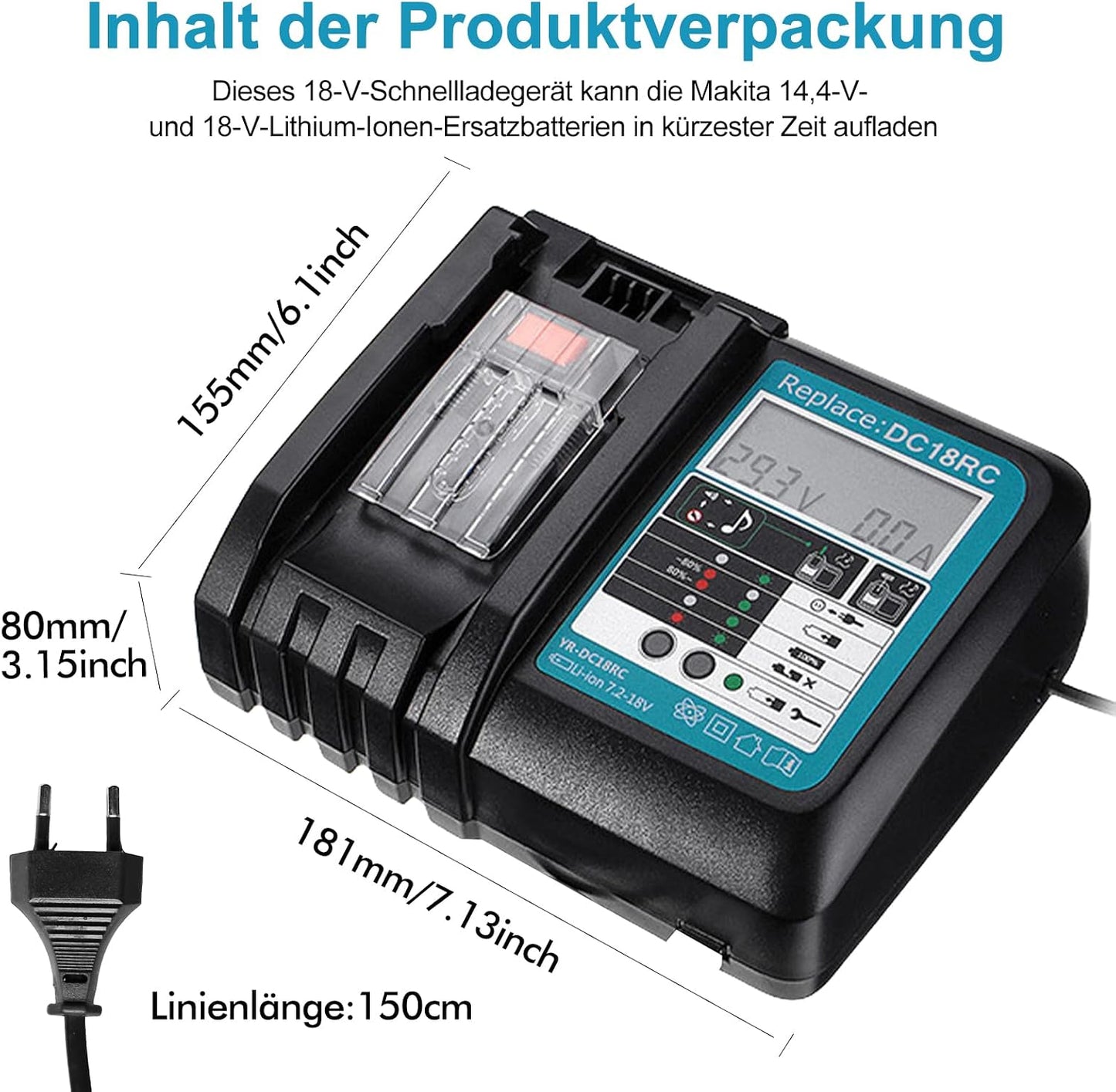 Akku 18v Ladegerät DC18RC Schnellladegerät Kompatibel mit Makita 14,4/ 18 Li-Ion Ersatzakku