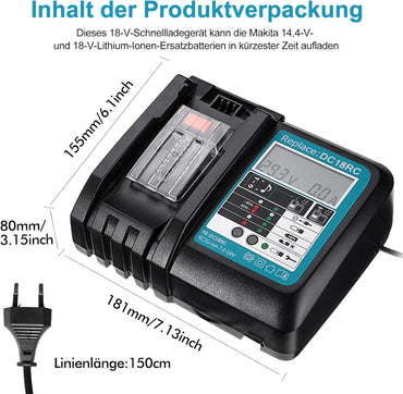 Akku 18v Ladegerät DC18RC Schnellladegerät Kompatibel mit Makita 14,4/ 18 Li-Ion Ersatzakku