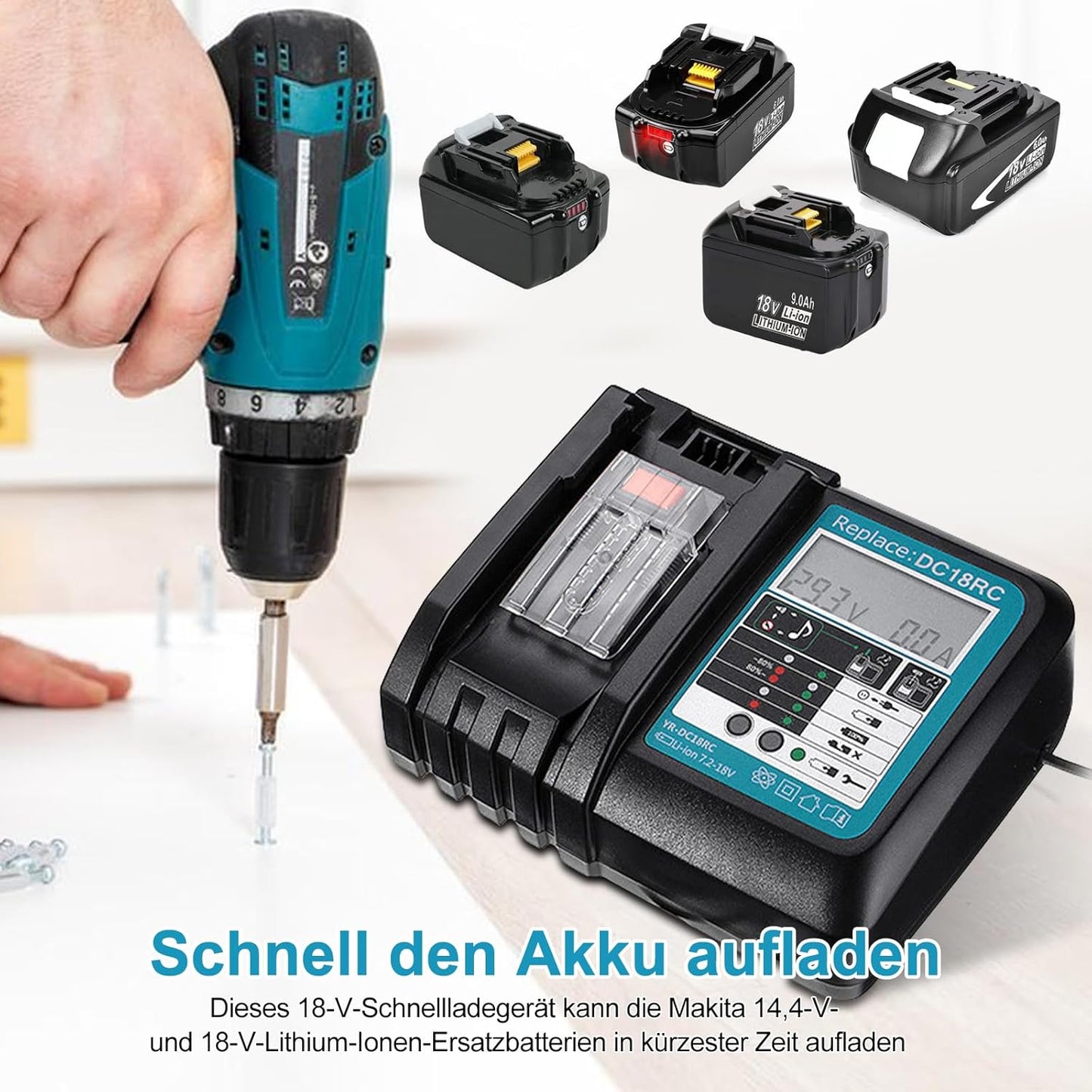 Akku 18v Ladegerät DC18RC Schnellladegerät Kompatibel mit Makita 14,4/ 18 Li-Ion Ersatzakku