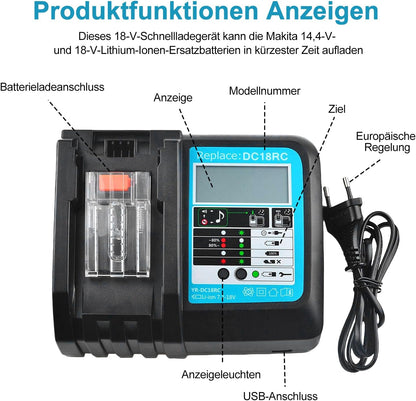 Akku 18v Ladegerät DC18RC Schnellladegerät Kompatibel mit Makita 14,4/ 18 Li-Ion Ersatzakku