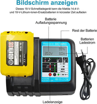 Akku 18v Ladegerät DC18RC Schnellladegerät Kompatibel mit Makita 14,4/ 18 Li-Ion Ersatzakku