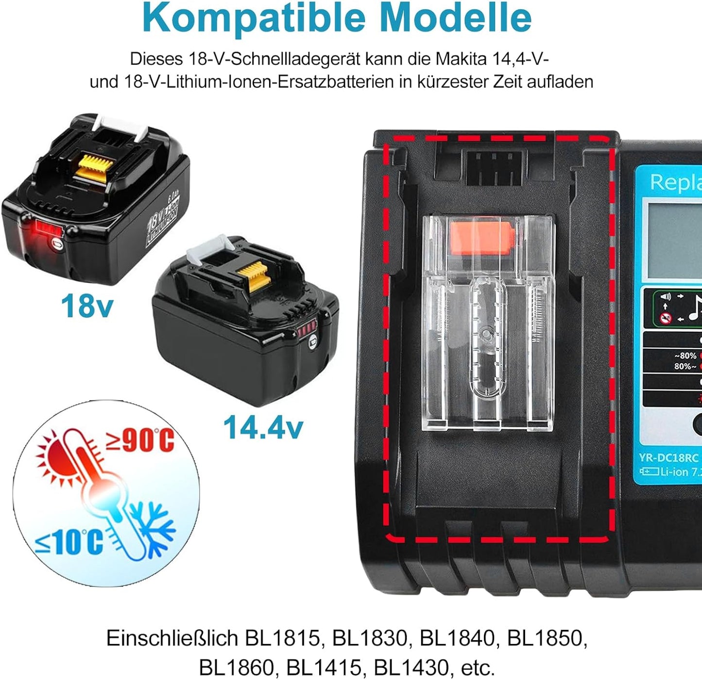 Akku 18v Ladegerät DC18RC Schnellladegerät Kompatibel mit Makita 14,4/ 18 Li-Ion Ersatzakku