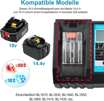 Akku 18v Ladegerät DC18RC Schnellladegerät Kompatibel mit Makita 14,4/ 18 Li-Ion Ersatzakku