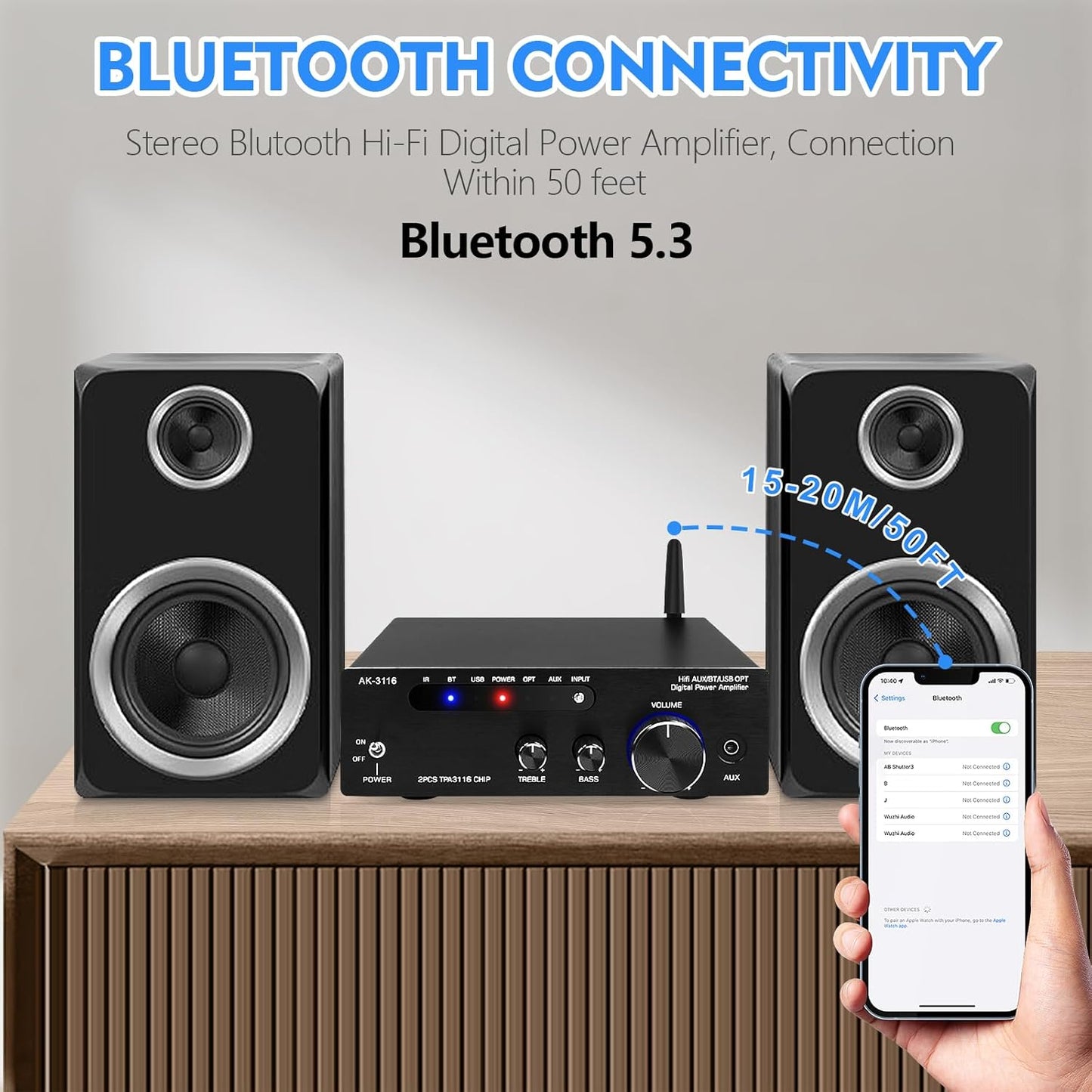 AK3116 HiFi-Verstärker mit Bluetooth 5.0, Mini Stereo Audioverstärker USB,AUX,BT