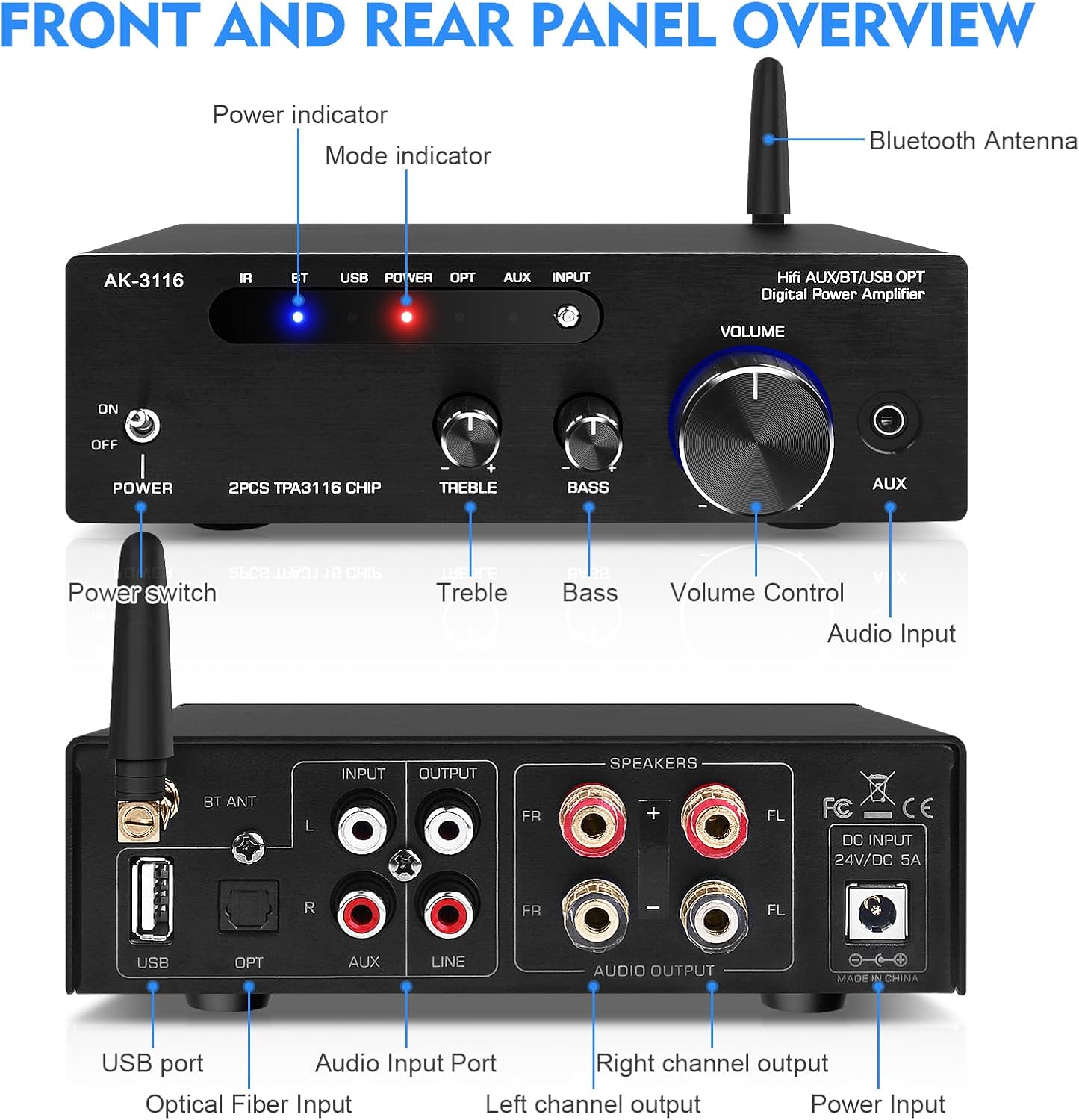 AK3116 HiFi-Verstärker mit Bluetooth 5.0, Mini Stereo Audioverstärker USB,AUX,BT